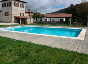Piscina en Vilar de Mouros con ducha corona de piedra y madera y escalera de obra